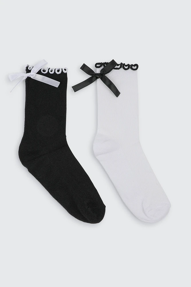 Ardene Kids 2-Pack Crew Socks with Bows in Black | Polyester/Spandex