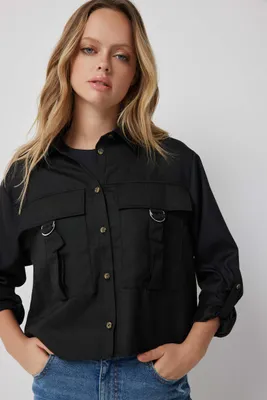 Ardene Boxy Utility Shirt in Black | Size | Polyester