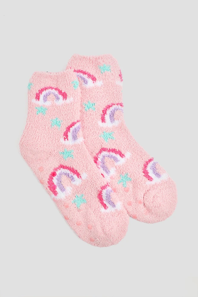 Ardene Kids Rainbows & Stars Cozy Socks in Light Pink | Polyester/Spandex