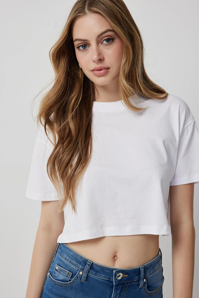 Ardene Basic Ultra Crop Boxy T-Shirt in White | Size | Cotton/Elastane | Eco-Conscious