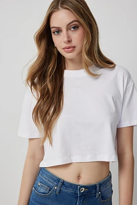 Ardene Basic Ultra Crop Boxy T-Shirt in White | Size Large | Cotton/Elastane | Eco-Conscious