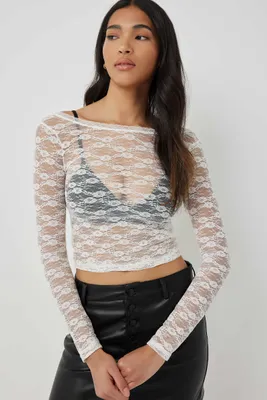 Ardene Long Sleeve Scoop Back Lace Top in White | Size | Elastane/Polyamide