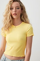 Ardene Lettuce Hem Crop T-Shirt in Light Yellow | Size | Polyester/Elastane | Eco-Conscious