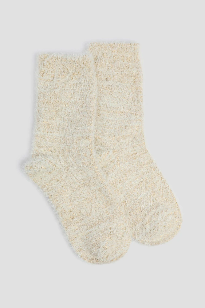 Ardene Fuzzy Cozy Socks in Beige | Polyester/Spandex