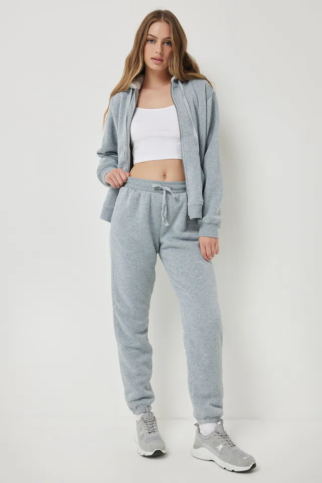 Ardene Sherpa-Lined Sweatpants in Light Grey, Size, Polyester