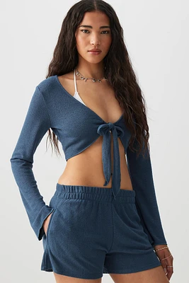 Ardene Textured Knit Tie Front Ultra Crop Top in Dark Blue | Size | Polyester/Viscose