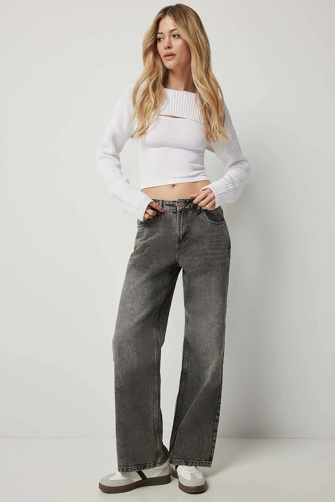 Ardene Mid Rise '90s Baggy Jeans in Dark Grey | Size | 100% Cotton