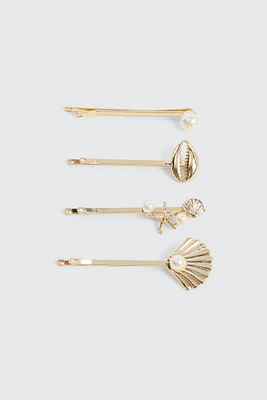Ardene 4-Pack Pearl & Seashell Hair Pins in Gold