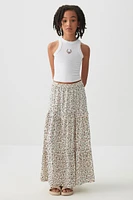 Ardene Kids Printed Tiered Maxi Skirt in Beige | Size | Polyester/Elastane