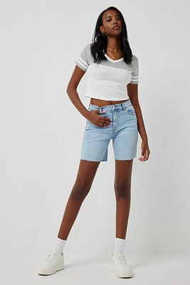 Ardene High Rise Long Denim Shorts in Light Blue | Size | Cotton/Elastane