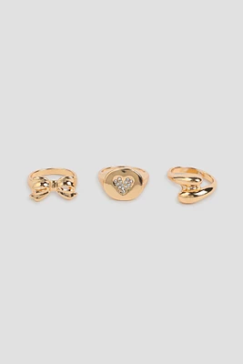 Ardene 3-Pack Bow & Heart Rings in Gold | Size