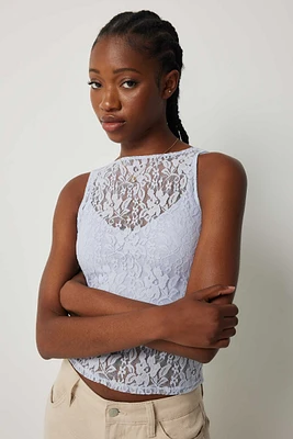 Ardene Lace Boat Neck Tank Top in Light Blue | Size | Nylon/Elastane | Eco-Conscious