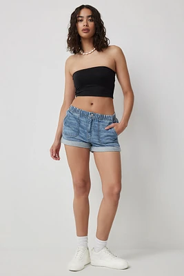 Ardene Rolled Hem Denim Shorties in Medium Blue | Size | 100% Cotton