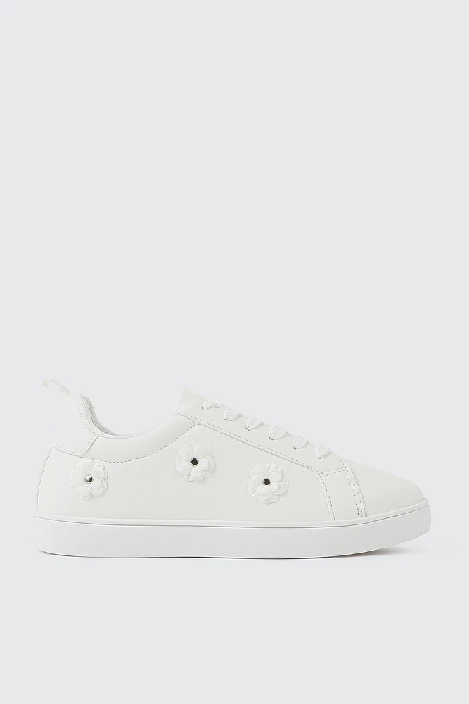 Ardene Tennis Sneakers with Embroidery Detail in White | Size | Eco-Conscious