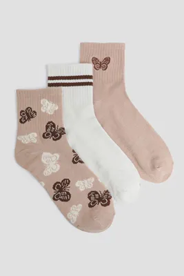 Ardene 3-Pack of Butterfly Demi Crew Socks in Beige | Polyester/Spandex