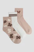 Ardene 3-Pack of Butterfly Demi Crew Socks in Beige | Polyester/Spandex