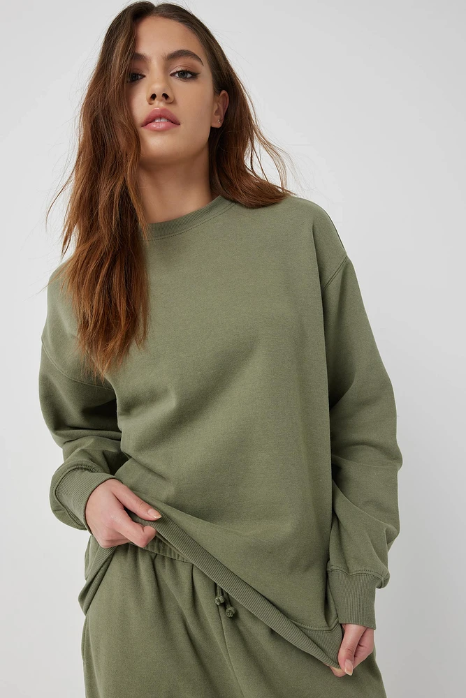 Ardene Solid Crew Neck Sweatshirt in Khaki | Size | Polyester/Cotton | Fleece-Lined | Eco-Conscious