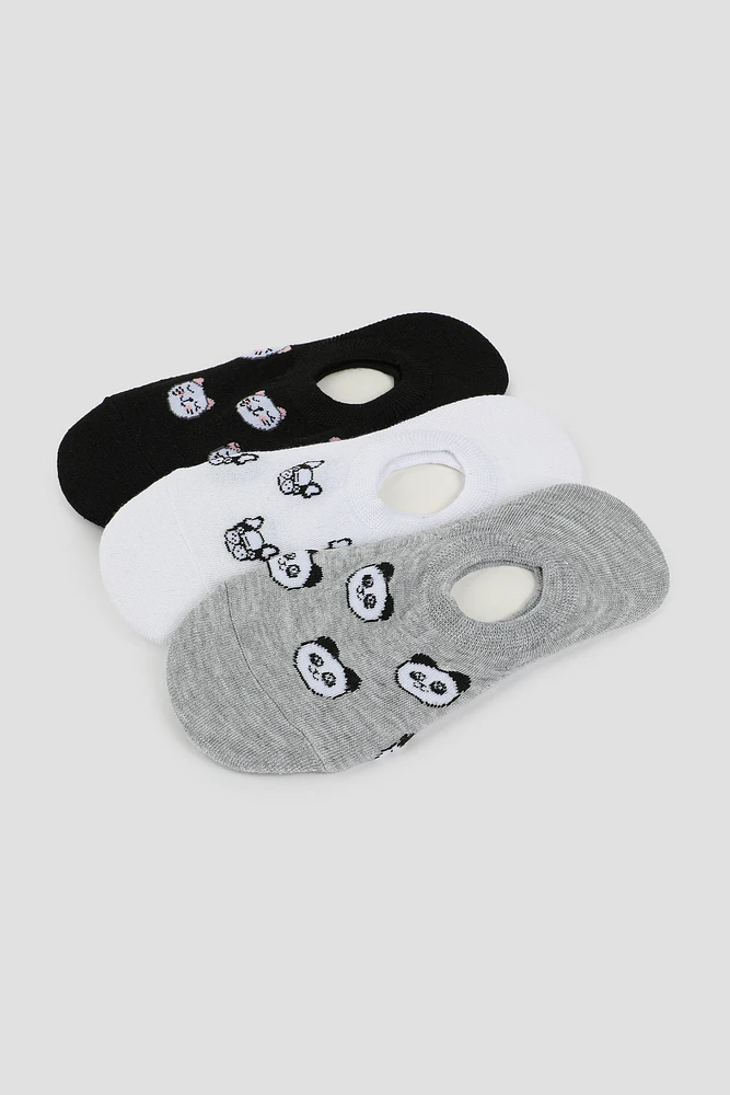 Ardene 3-Pack Shoe Liners with Animal Faces in Grey | Polyester/Spandex