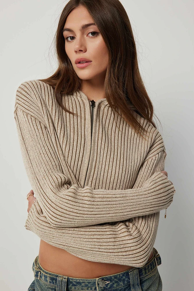 Ardene Rib Knit Zip Up Hooded Sweater in Beige | Size | Polyester/Nylon/Viscose