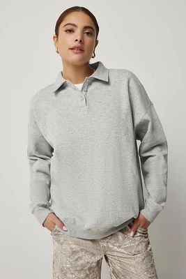 Ardene Oversized Polo Sweatshirt in Light Grey | Size Large | Polyester/Cotton | Fleece-Lined