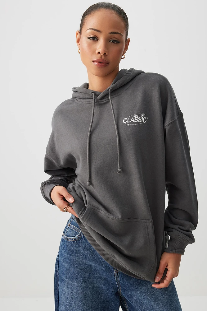 Ardene Printed Oversized Hoodie in Dark Grey | Size | Polyester/Cotton | Fleece-Lined | Eco-Conscious