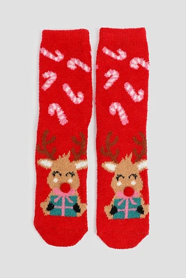 Ardene Reindeer & Candy Canes Cozy Socks in Red | Polyester/Spandex