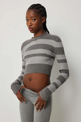 Ardene Crop Striped Ribbed Sweater in Grey | Size | Polyester/Nylon/Viscose