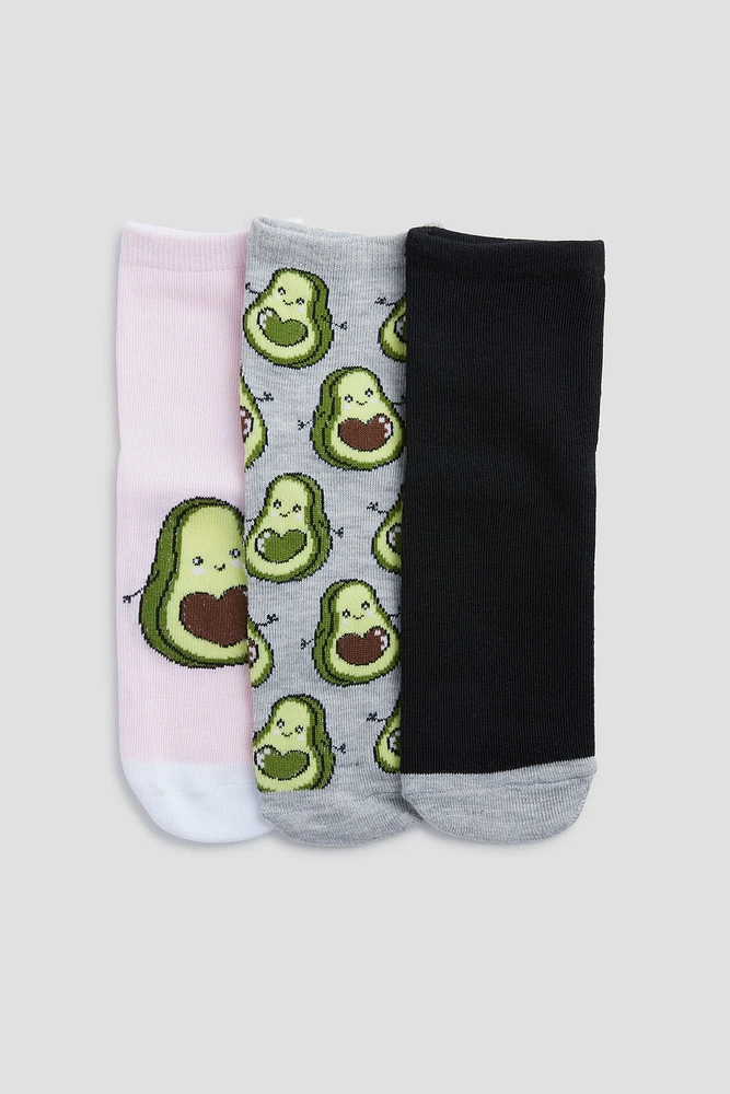 Ardene 3-Pack Avocado Crew Socks in Light Green | Polyester/Spandex