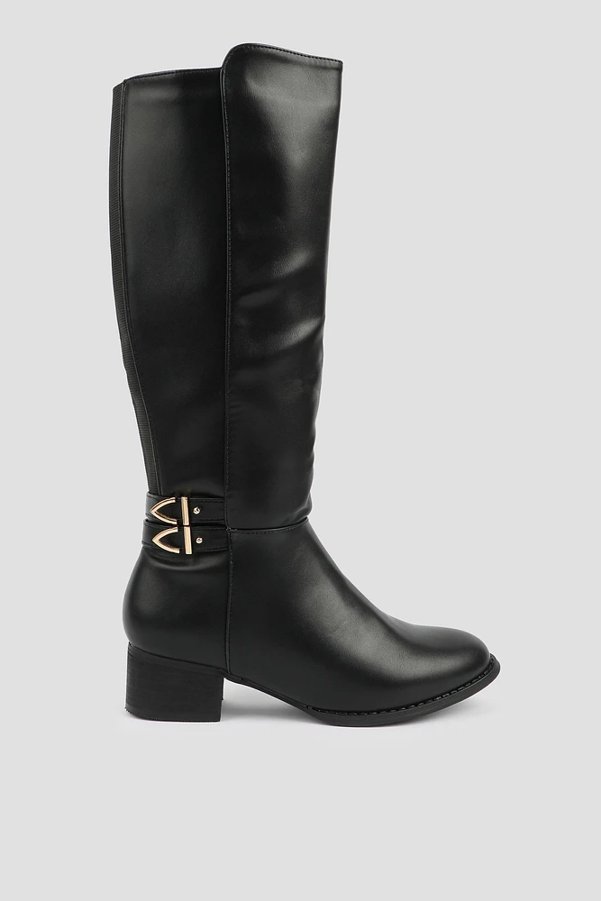 Ardene Double Buckle Riding Boots in Black | Size | Faux Leather | Eco-Conscious