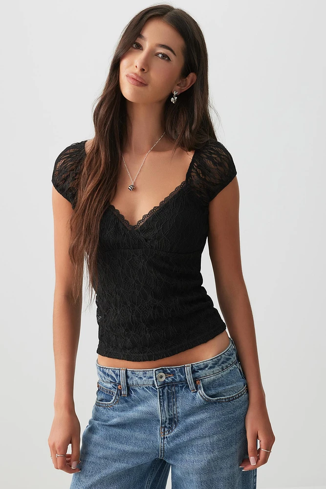 Ardene Lace V-Neck Crop Top in Black | Size | Polyester/Elastane