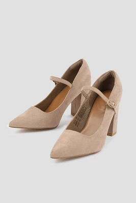 Ardene Pointed Mary Jane Heels in Beige | Size | Faux Suede | Eco-Conscious