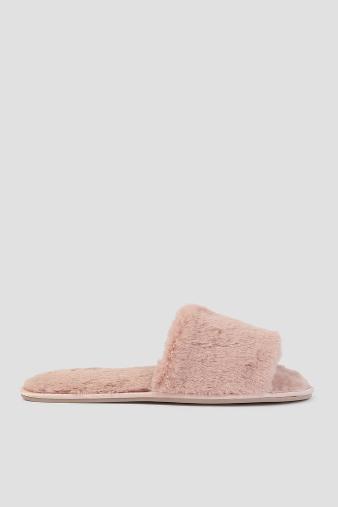 Ardene One Band Faux Fur Slippers in Blush | Size | Polyester