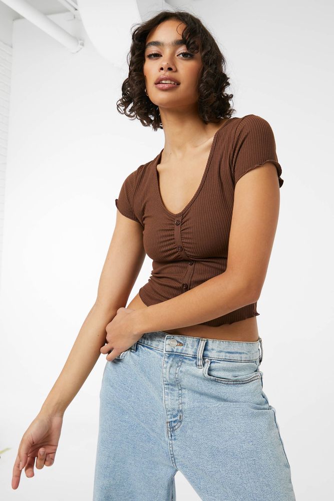 Ardene Lettuce-Hem Cropped Cardigan in Brown | Size | Polyester/Spandex |  Coquitlam Centre