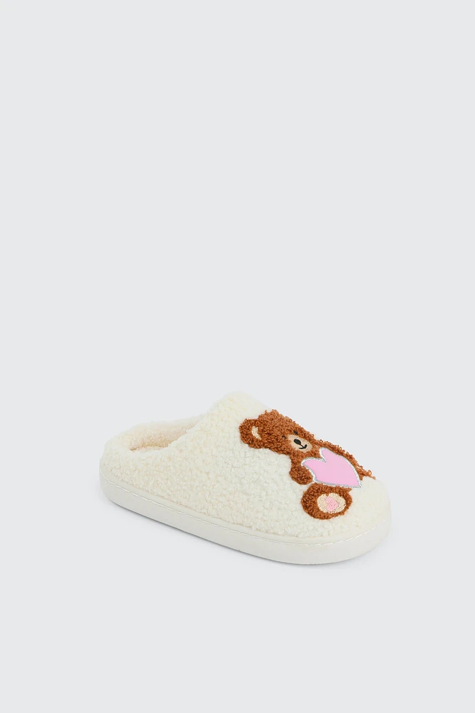Ardene Kids Plush Teddy Bear Slippers in White | Size