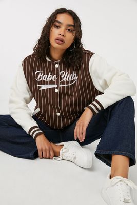 Ardene Striped Varsity Bomber in Brown | Size | Polyester | Fleece-Lined