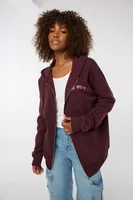 Ardene Oversized Graphic Zip-Up Hoodie in Burgundy | Size | Polyester | Fleece-Lined
