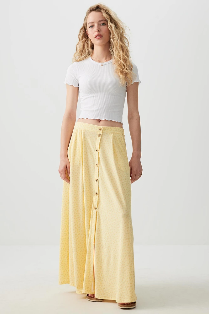 Ardene Button Front Flowy Maxi Skirt in Light Yellow | Size | Polyester/Spandex