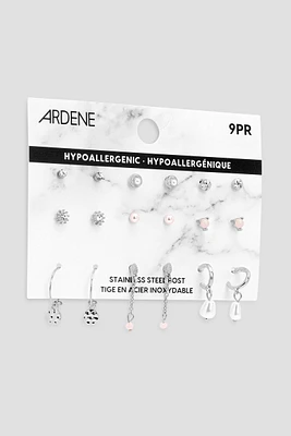 Ardene 9-Pack Assorted Earrings in Silver | Stainless Steel