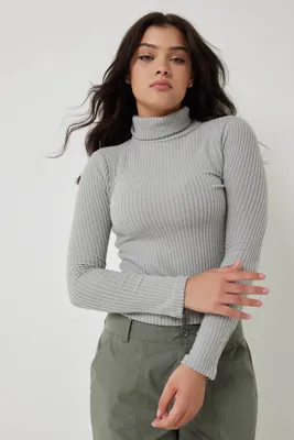 Ardene Brushed Rib Turtleneck Sweater in Light Grey | Size | Polyester/Elastane