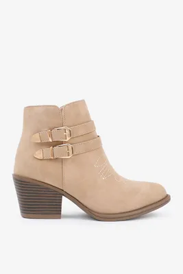 Ardene Double Buckle Cowboy Ankle Boots in Beige | Size | Faux Leather/Rubber