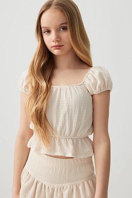 Ardene Kids Puff Sleeve Peplum Top in Beige | Size | Polyester/Spandex