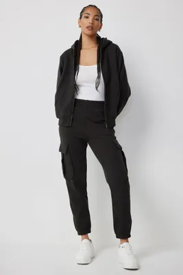 Ardene Mid Rise Double Cargo Sweatpants in Black, Size Large, Polyester/Cotton, Fleece-Lined