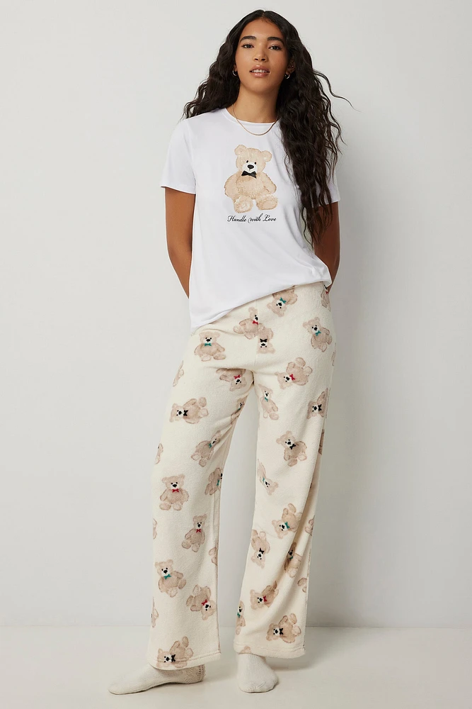 Ardene Printed Plush PJ Pants in Beige | Size | 100% Recycled Polyester | Eco-Conscious