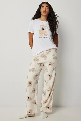 Ardene Printed Plush PJ Pants in Beige | Size | 100% Recycled Polyester | Eco-Conscious