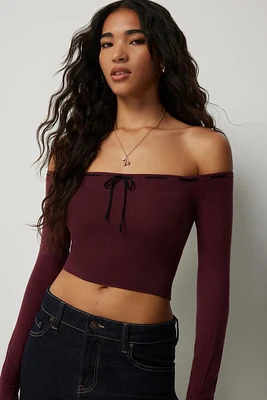 Ardene Tie Front Off Shoulder Top in | Size | Polyester/Rayon/Nylon