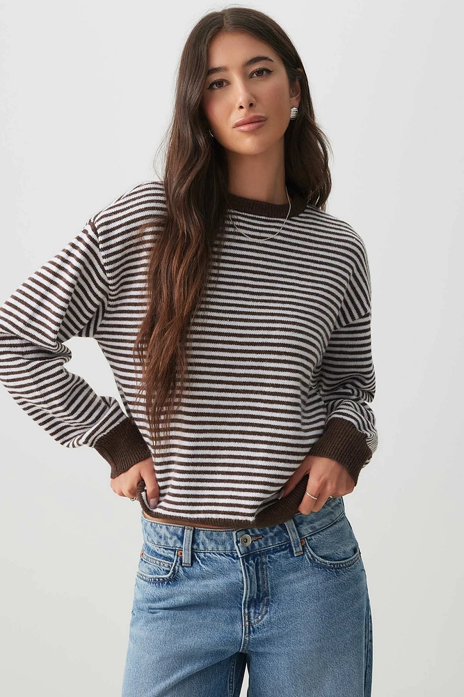 Ardene Striped Crew Neck Sweater in Brown | Size | Polyester/Nylon