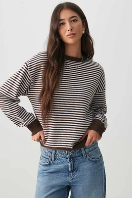 Ardene Striped Crew Neck Sweater in Brown | Size | Polyester/Nylon