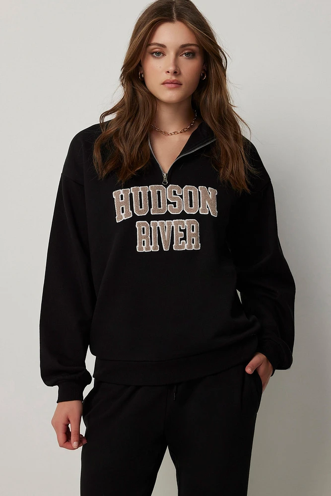 Ardene Half Zip Sweatshirt with Patch Detail in | Size | Polyester/Cotton | Fleece-Lined