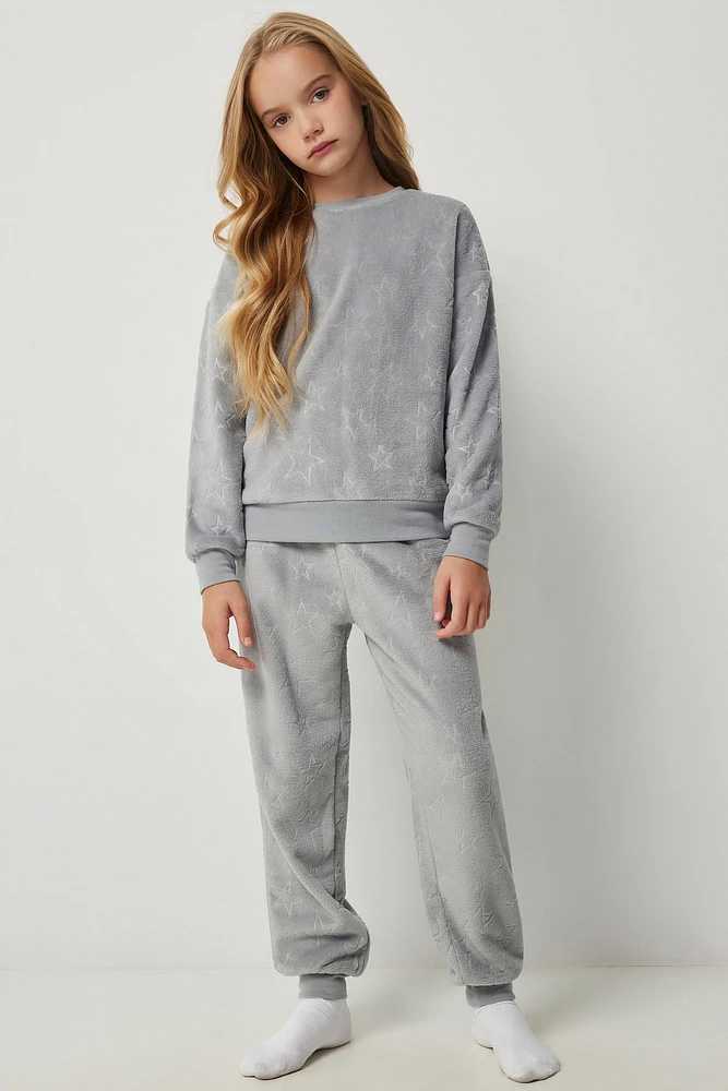 Ardene Kids Star Fleece Jogger PJ Set in Grey | Size Large | 100% Recycled Polyester | Eco-Conscious