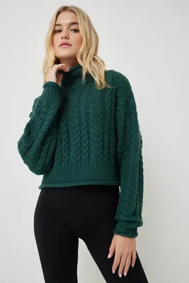Ardene Mock Neck Cable Sweater in Dark Green | Size | 100% Acrylic